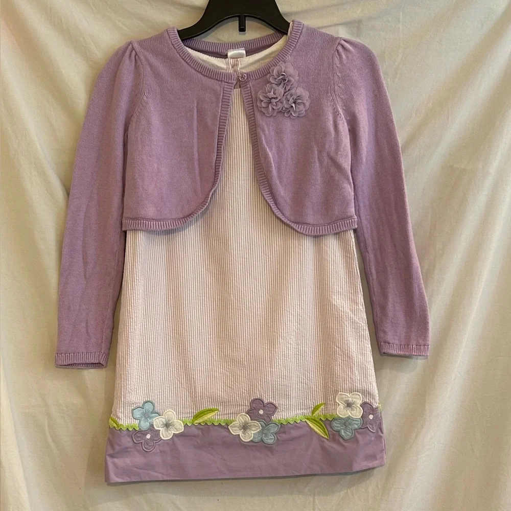 Gymboree Girls 6 2 Pc Purple Striped Floral Sleeveless Dress Matching Cardigan